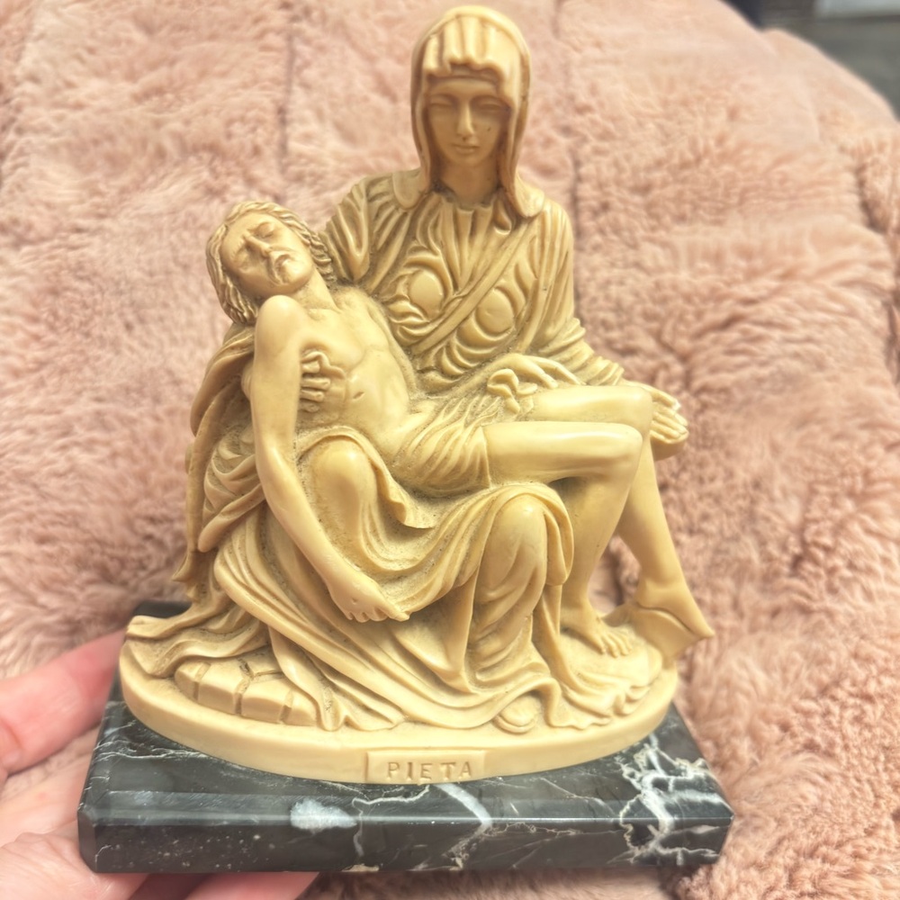 Pieta Sculpture on Black Marble Base